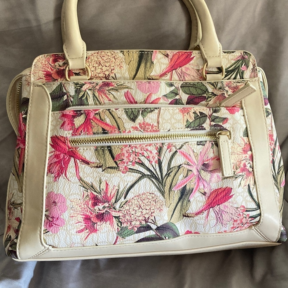 Floral Satchel with Cream Handles Vegan with Long Strap - Picture 2 of 4